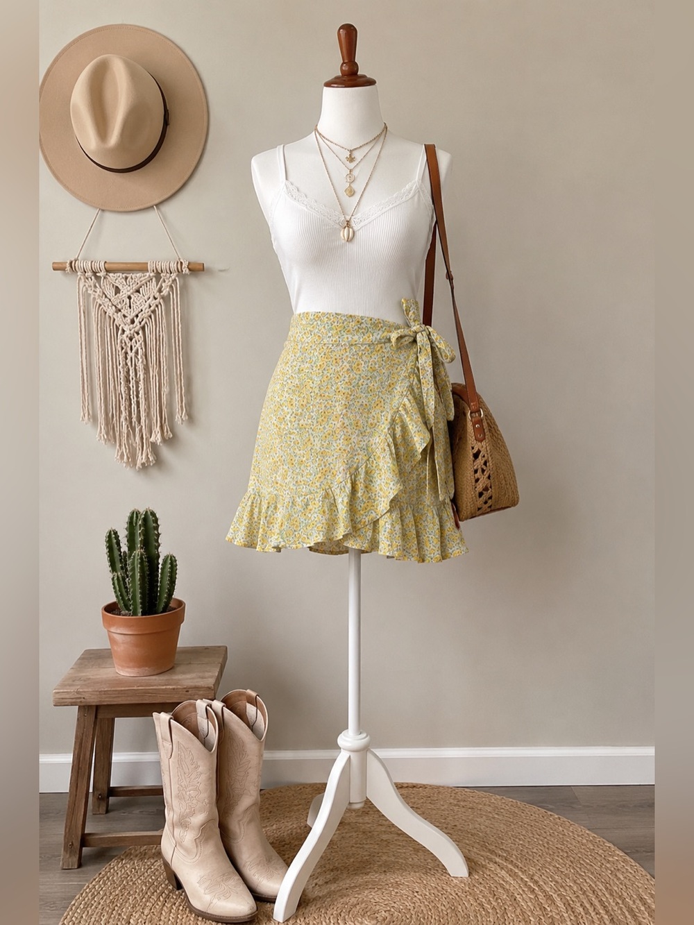 Floral Yellow Tie-Waist Ruffle Mini Skirt